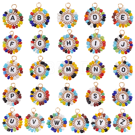 26Pcs 26 Styles Acrylic & Glass Seed Beaded Pendants PALLOY-GO00034-1