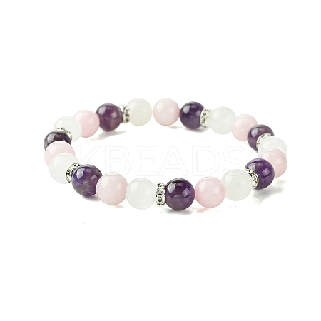 8.5mm Natural Rose Quartz & Quartz Crystal & Amethyst Round Beaded Stretch Bracelets for Women BJEW-JB10737-1