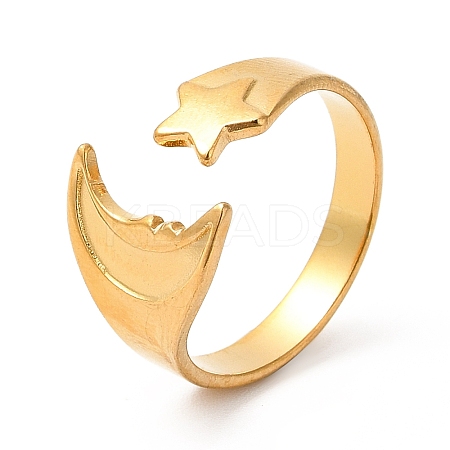 Ion Plating(IP) 304 Stainless Steel Star & Moon Open Cuff Ring for Women RJEW-E063-07G-1
