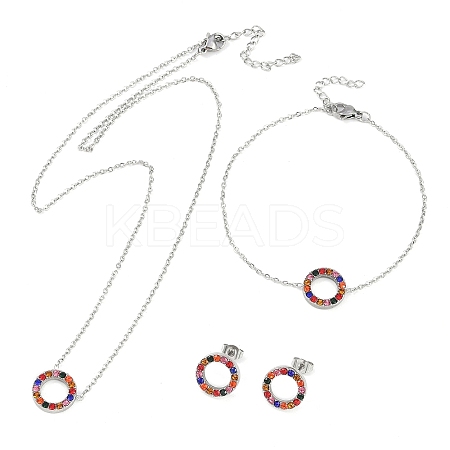 Ring 304 Stainless Steel Colorful Rhinestone Pendant Necklaces & Bracelets & Stud Earrings Sets for Women SJEW-C004-09P-02-1