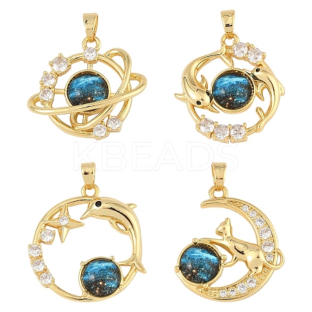 4Pcs 4 Styles Brass Micro Pave Clear Cubic Zirconia with Glass Pendants KK-YW0003-02-1