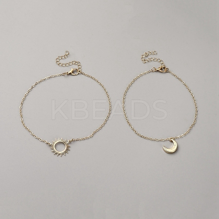 Brass Moon Sun Charm Couple Anklets Sets AJEW-WH0248-866-1