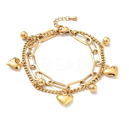 Heart and Round Ball Charm Multi-strand Bracelet BJEW-G639-24G-1