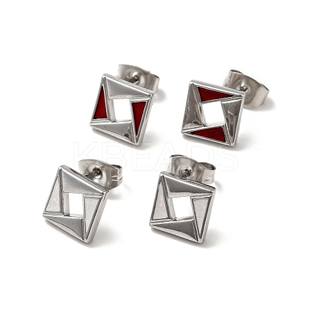 Rhombus 304 Stainless Steel Stud Enamel Earrings EJEW-A081-19P-1