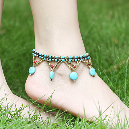 Bohemian Brass with Dyed Synthetic Turquoise Flat Round Beaded Tassel Anklets for Women FS-WG01C93-02-1