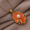 304 Stainless Steel Enamel Oval with Flower Pendant Necklaces with Imitation Pearl UX2387-1