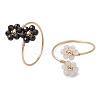 Flower Natural Rainbow Moonstone & Black Spinel Finger Rings RJEW-JR00777-1