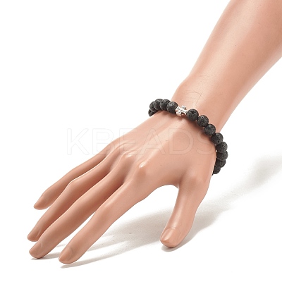 Natural Lava Rock Stretch Bracelet with Alloy Cross BJEW-JB08192-04-1