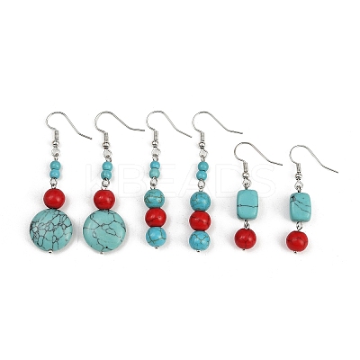 3 Pairs Brass Synthetic Turquoise Dangle Earrings EJEW-JE06589-1