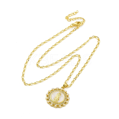Brass Clear Cubic Zirconia Flat Round with Virgin Mary Pendant Necklaces LS-NJEW-C071-07A-G-1