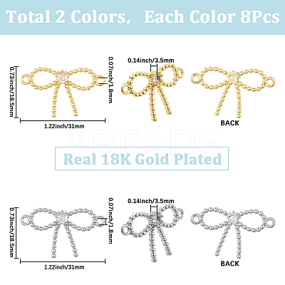 16Pcs 2 Colors Rack Plating Brass Pave Clear Cubic Zirconia Bowknot Connector Charms KK-SC0006-77-1