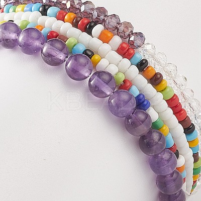 Faceted Glass & Natural Amethyst Stretch Beaded Bracelets Sets BJEW-TA00202-04-1