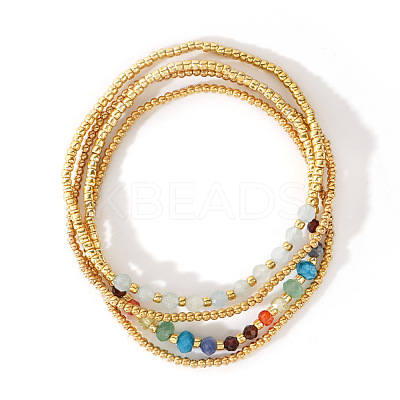 4Pcs Luxury Natural Aquamarine Round Beads & Moonstone & Lapis Lazuli & Malaysia Jade & Glass & Cubic Zirconia & Purple  Garnet & Red Garnet & Glass Seed Beads Stretch Bracelet Set for Women AP3962-6-1