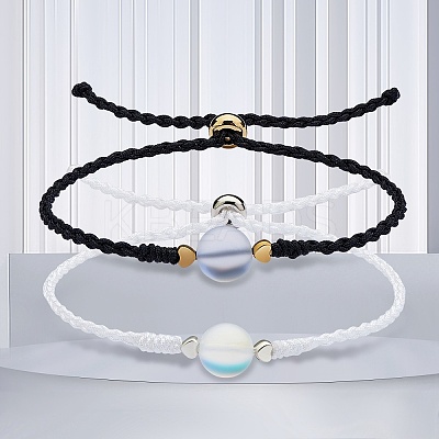 2Pcs 2 Colors Synthetic Moonstone Round Beaded Slider Bracelet BJEW-SW00057-02-1