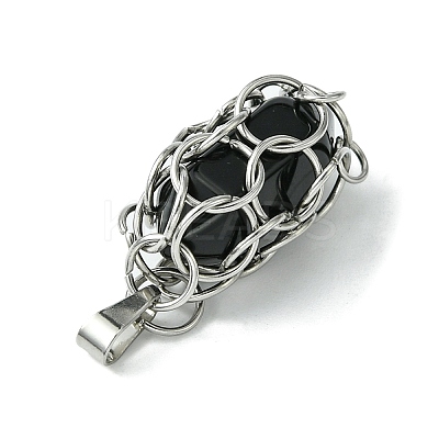 Natural Mixed Stone Stainless Steel Ring Wrapped Pointed Pendants PALLOY-JF02496-01-1