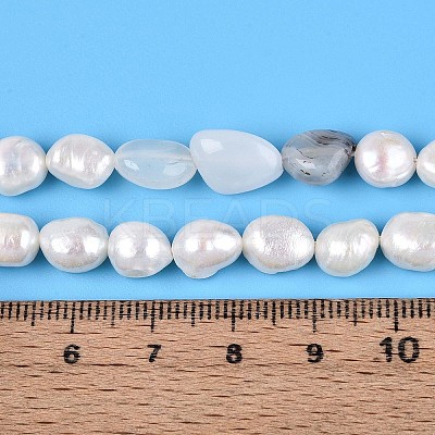 Natural Cherry Blossom Agate Nuggets & Natural Cultured Freshwater Pearl Beads Strands PEAR-N023-01A-05-1
