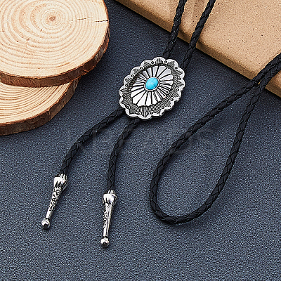 Adjustable Zinc Alloy Pave Synthetic Turquoise Oval Black PU Leather Cord Bolo Tie Lariat Necklaces NJEW-WH0035-04AS-1