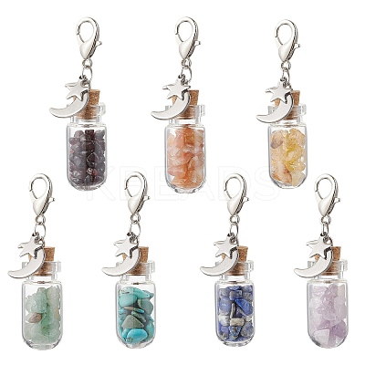 Chakra Natural & Synthetic Gemstone Chips inside Glass Wishing Bottle Pendant Decoration HJEW-JM03309-1