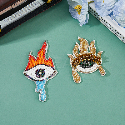 2Pcs 2 Style Fire & Eye & Teardrop Plastic & Rhinestone Beading Appliques DIY-FH0001-07-1