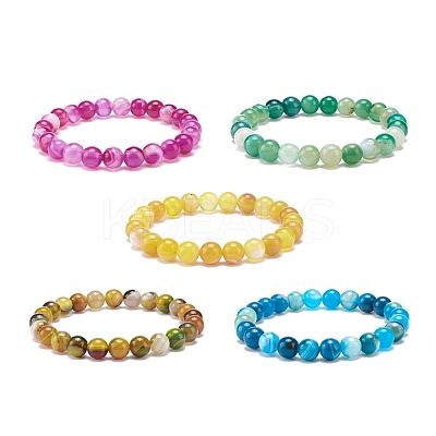 Natural Agate Round Beaded Stretch Bracelet BJEW-JB08396-1