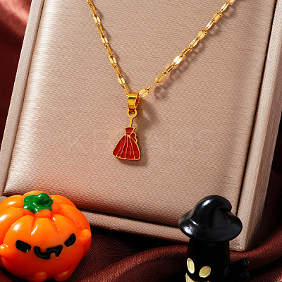 304 Stainless Steel Enamel Halloween Broom Pendant Dapped Chain Necklaces LP1406-1