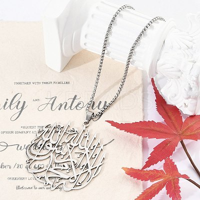 201 Stainless Steel Hollow Arabic Flat Round Pendant Box Chain Necklaces for Women Men NJEW-R013-01P-1