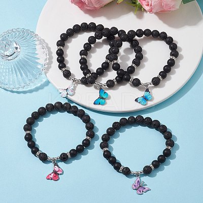 Natural Lava Rock & Black Agate Round Beaded Stretch Bracelet BJEW-JB10010-1