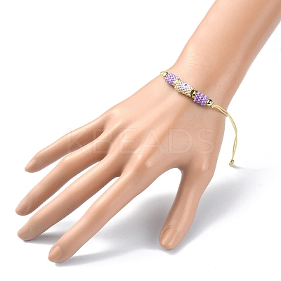 Glass Seed Column with Evil Eye Link Bracelet BJEW-MZ00029-01-1