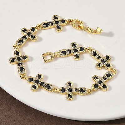 Brass Enamel Micro Pave Clear Cubic Zirconia Cross Link Chain Bracelets for Women BJEW-G764-02G-1