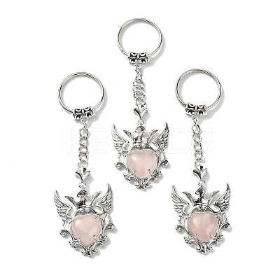 Natural Rose Quartz Heart with Wing Pendant Keychain G-Z033-04P-02-1