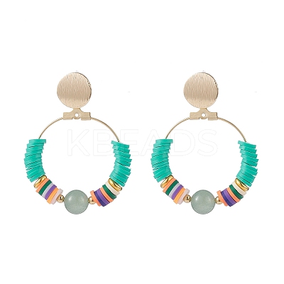 Natural Green Aventurine & Polymer Clay Beaded Big Ring Dangle Stud Earrings EJEW-TA00075-05-1