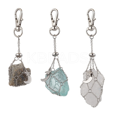 3Pcs Moon & Star Brass Cable Chains Macrame Pouch Empty Stone Holder Pendant Decorations KK-CJA6FD-P-1