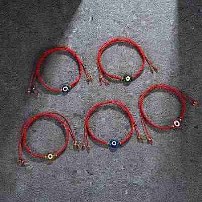 5Pcs 5 Colors Flat Round with Evil Eye Braided Bead Bracelets Set BJEW-SZ0002-18-1