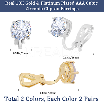 4 Pairs 2 Colors Flat Round Brass Pave 3A Cubic Zirconia Clip-on Earrings for Women EJEW-BBC0001-58-1