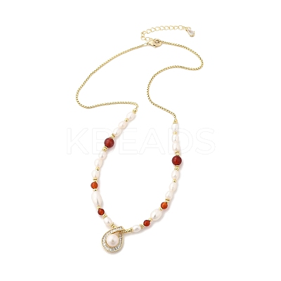 Brass Glass & Pearl Teardrop Pendant Necklaces NJEW-P325-01G-1