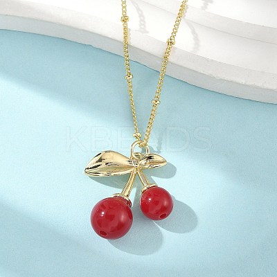 Brass Resin Fruit Cherry Pendant Satellite Chain Necklaces for Women NJEW-D306-02G-A-1