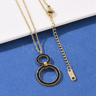 304 Stainless Steel Jet Rhinestone Double Rings Pendant Necklaces NJEW-V001-04G-1
