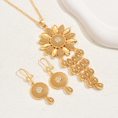 Simple and Stylish 18K Gold Plated Brass Cubic Zirconia Flower Pendant Necklace & Dangle Earrings Set for Women QO2297-1
