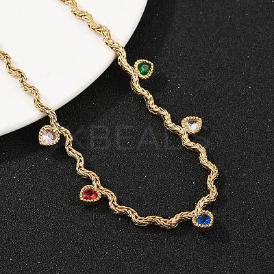 304 Stainless Steel Rope Chain Colorful Cubic Zirconia Tassel Necklaces for Women NJEW-V015-01G-A-1