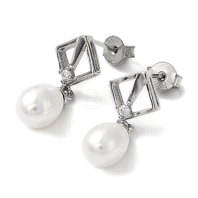 Anti-Tarnish Cubic Zirconia Rhombus with Natural Pearl Dangle Stud Earrings EJEW-F318-19P-1