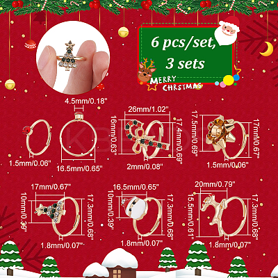 18Pcs 6 6 Style Santa Claus & Christmas Tree & Flower & Deer & Candy Cane Enamel Adjustable Rings Set RJEW-NB0001-03-1