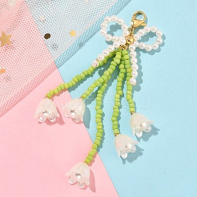 Bowknot & Flower Glass Seed Pendant Decoration HJEW-TA00311-01-1
