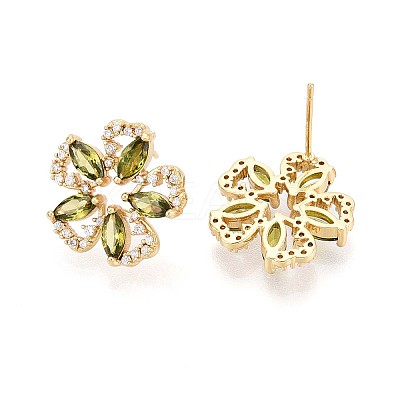 Flower Brass Micro Pave Cubic Zirconia Stud Earrings EJEW-F373-03G-1