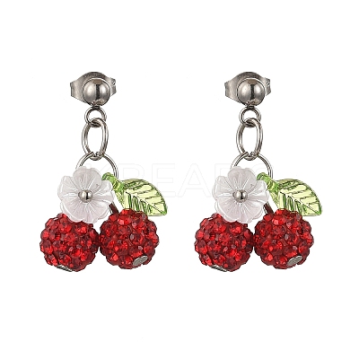 Cherry 304 Stainless Steel Handmade Polymer Clay Rhinestone Dangle Stud Earrings EJEW-JE06429-02-1