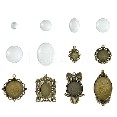 DIY Blank Owl/Round Glass & Tibetan Style Alloy Pendant Making Kits DIY-FS0006-11-1