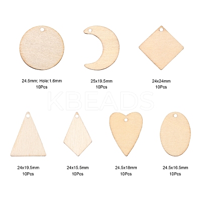 70Pcs 7 Style Unfinished Natural Poplar Wood Pendants WOOD-LS0001-21-1