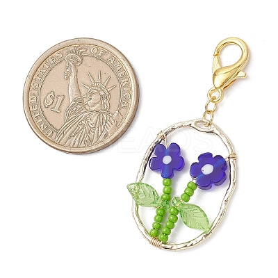 Oval with Flower Glass Seed Bead & Lampwork & Alloy Pendant Decoraitons HJEW-MZ00351-02-1