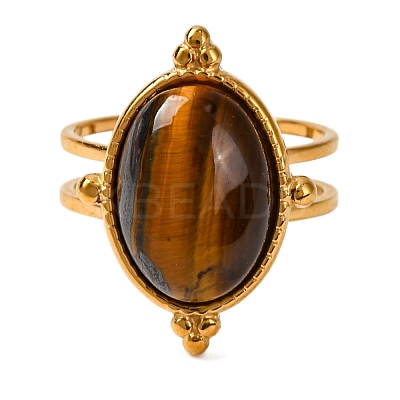 Oval Natural Tiger Eye Finger Rings RJEW-Q822-09G-1