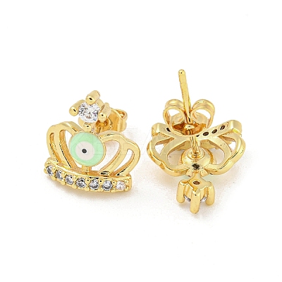 Crown with Evil Eye Real 18K Gold Plated Brass Stud Earrings EJEW-L269-108G-01-1