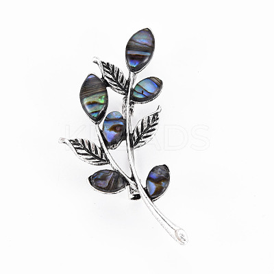 Leaf Shape Natural Abalone Shell/Paua Shell Brooch Pin G-N333-004A-RS-1